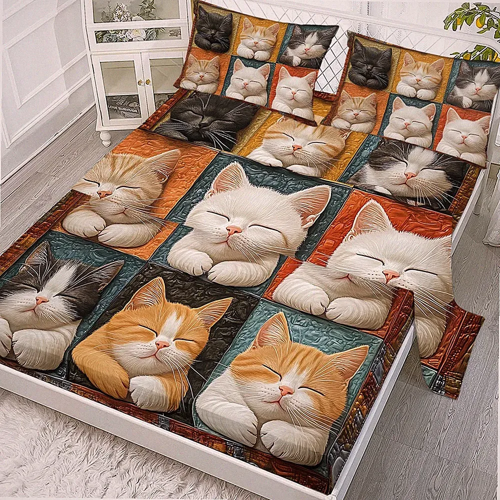 4-Piece Cartoon Cat Bed Sheet Set with Fitted Sheet, Flat Sheet and Pillowcases