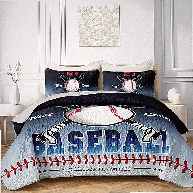 Baseball Quilt Set Full Queen Size, 3 Pieces Black White Sports Game Printed...