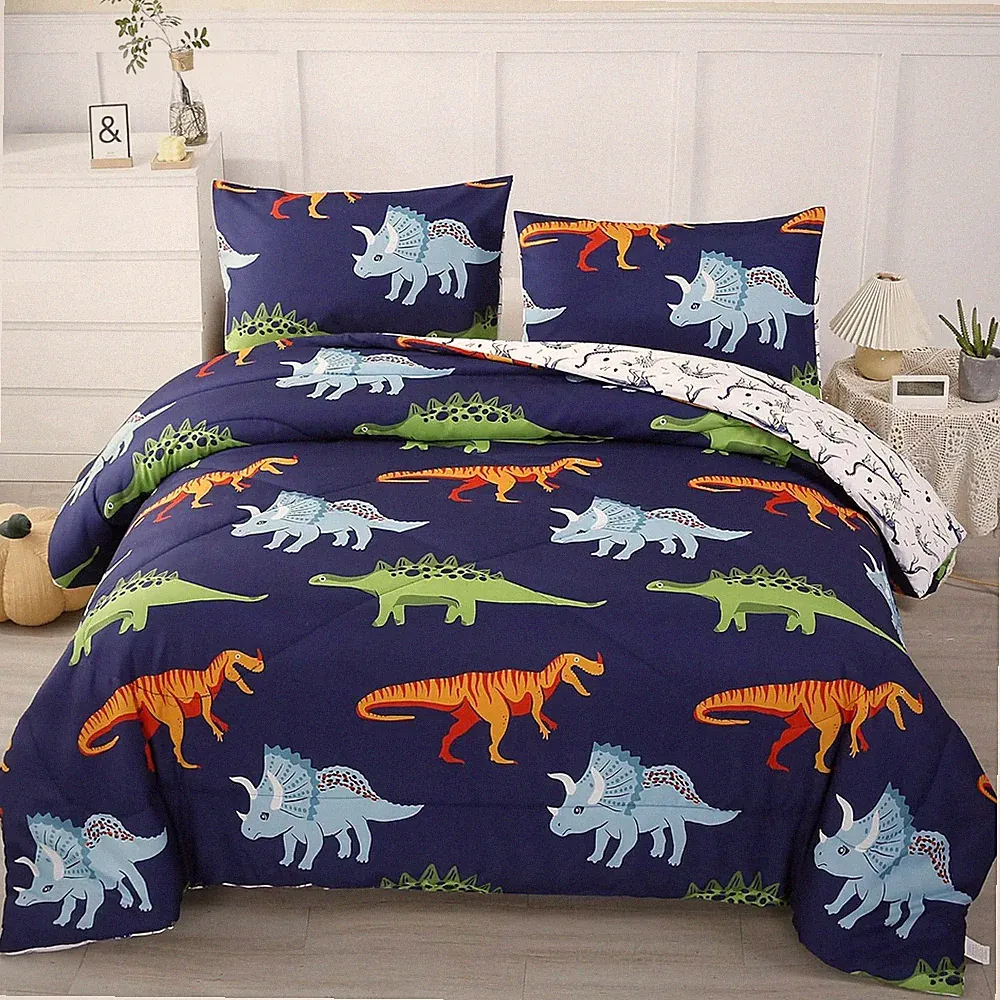 Cartoon Dinosaur Comforter Set, Dark Blue Dinosaur Kids Bedding Set for Boys