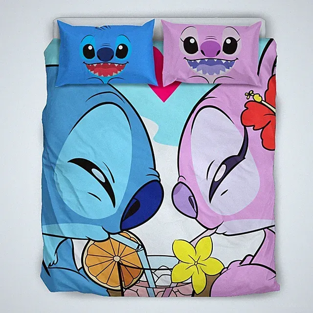 Cartoon Gift Cute Stitch & Angel Full Bedding Duvet Cover Set (4pcs)
