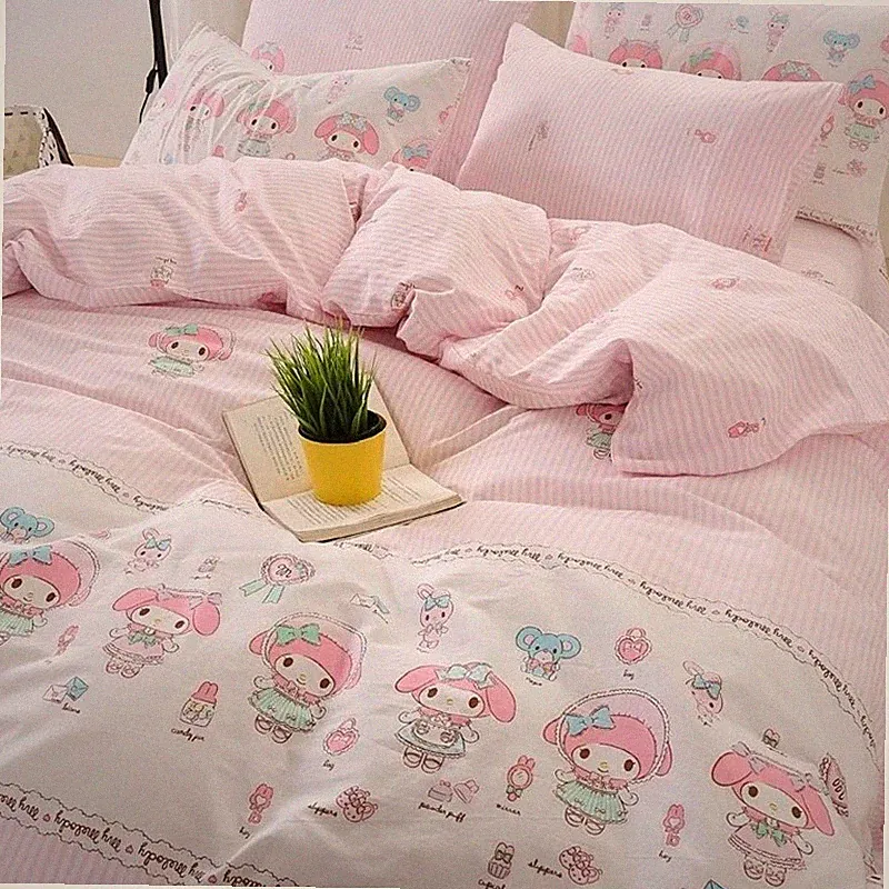 Cartoon My Melody Cotton Quilt Cover Sheets Pillowcase Pink Stripe Bedding Set