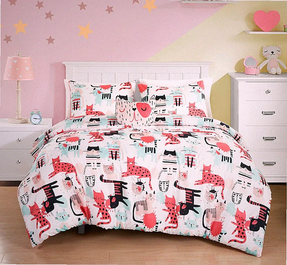 Chezmoi Collection Kids Cartoon Cats Soft Microfiber Comforter Set w/ Cat Pillow
