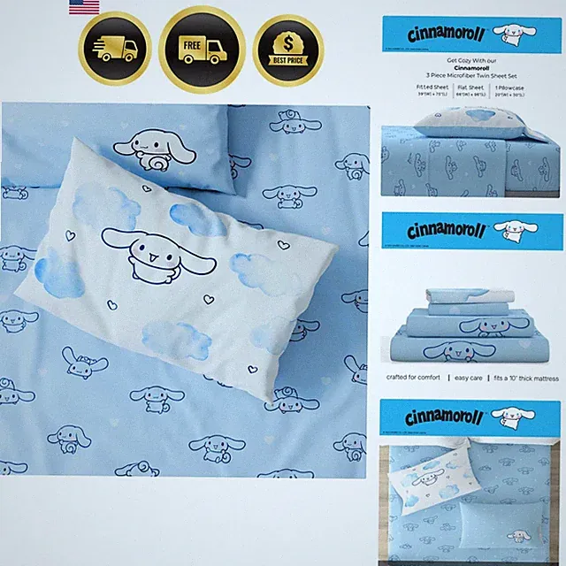 Cinnamoroll Bedding Super Soft Cozy Microfiber 3 Piece Twin Sheet Set, Offici...