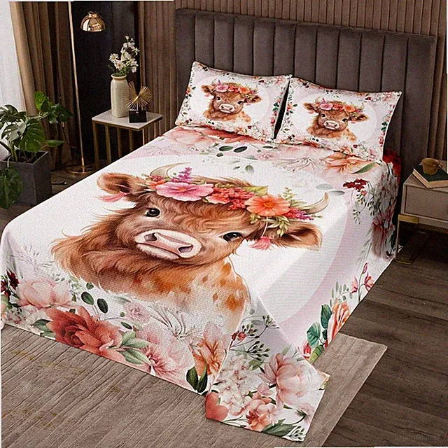 Cute Highland Cow Bedspread Twin Size Cartoon Animal Quilted Coverlet for Boy...