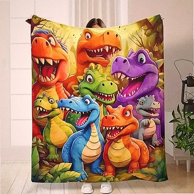 Cute Smiling Dinosaur Flannel Throw Blanket Soft Cozy Couch Bed