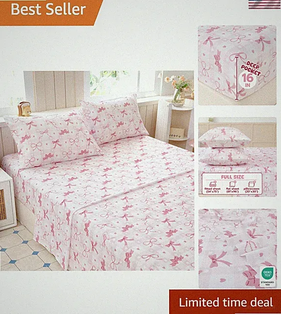 Full Sheet Set Kids - Pink Bow 4 Pieces Soft Microfiber Cartoon Style Bedshee...