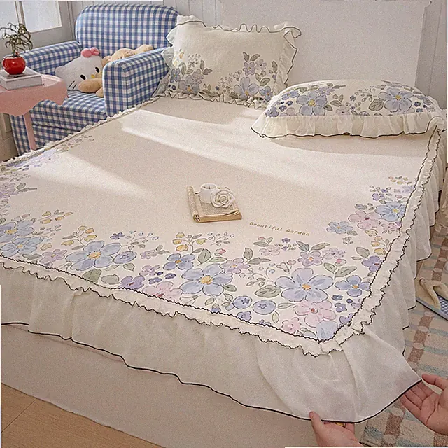 Ice Silk Cooling Ruffled Bed Skirt Set Pastoral Floral Print Summer Cool Mat