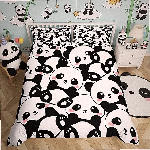 Kid Duvet Cover Twin, Cute Panda Bedding Set for Bedroom Decor, Kawaii Black...