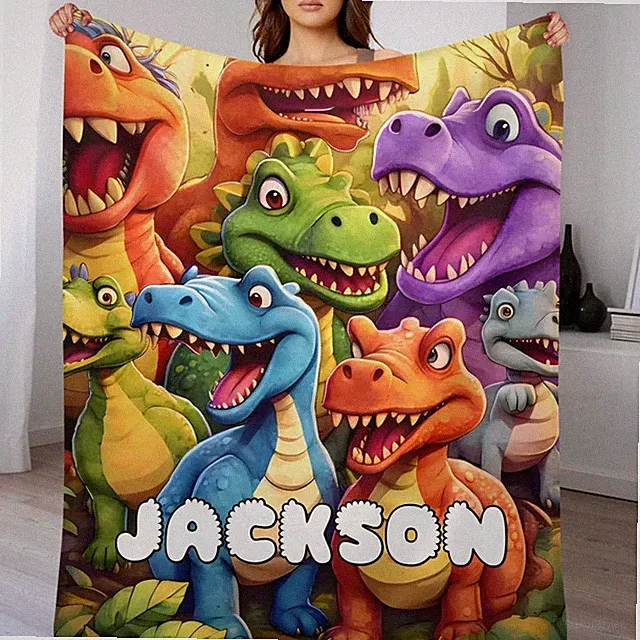 Personalized Cute Dinosaur Flannel Blanket Custom Name Kids Gift