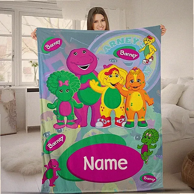 Personalized Purple Friendly Dinosaur Flannel Blanket Kids Cartoon Gift