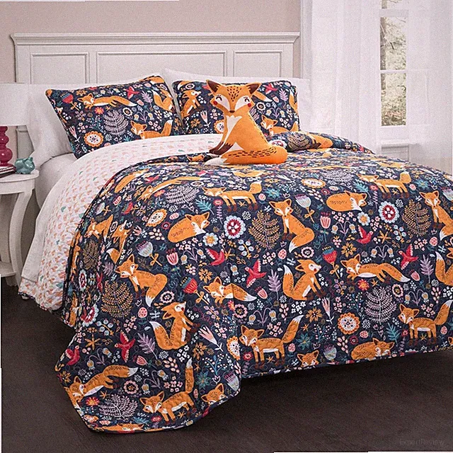 Pixie Fox Reversible Quilt Set, 3 Piece Set, Twin, Navy & Orange - Twin Bedding