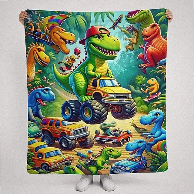 Soft Dinosaur Truck Flannel Throw Blanket Kids Boys Cartoon Dino Velvet Blankets