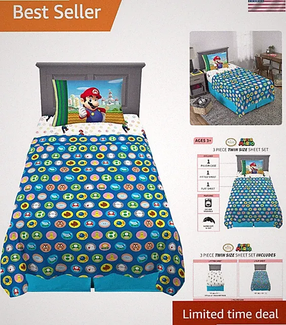 Super Mario Twin Bedding Set - Soft Microfiber Sheet Set with Cartoon Design