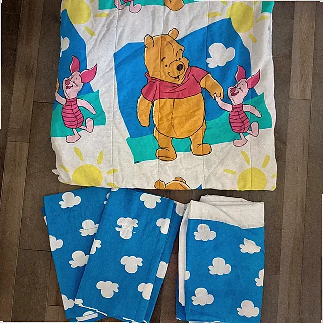 Vintage 90s Disney Winnie the Pooh Piglet Comforter Skirt Valance Set Blue Cloud