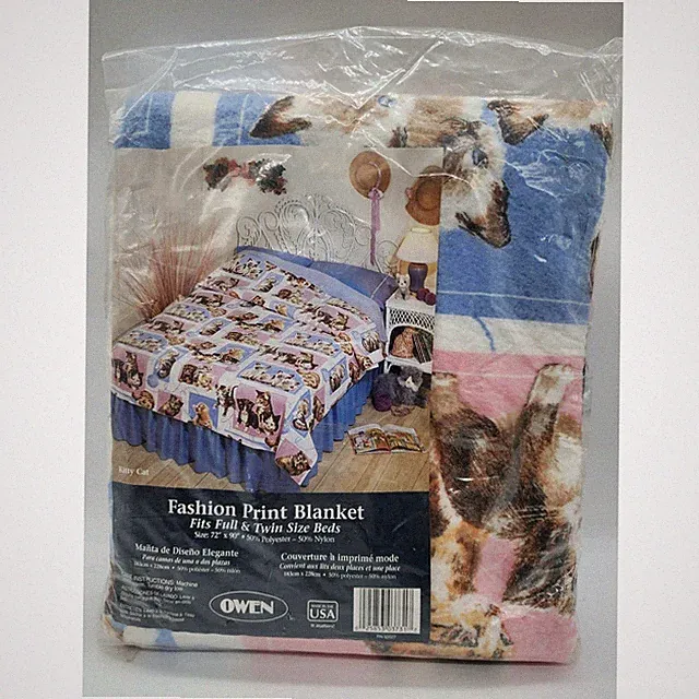 Vintage Owen Kitty Cat Fashion Print Blanket Full Twin Size 72x90 Made in USA
