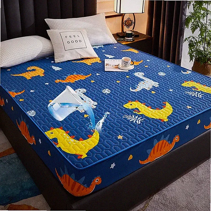 Waterproof Quilted Mattress Cover for Kids Cartoon Dinosaur Printed Bed Sheet